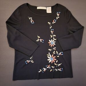 Lucia Burns Embroidered, Beaded, Floral Design, Black Sweater, W-XL, Vintage